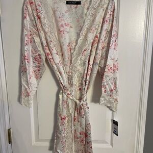 LAUREN RALPH LAUREN METALLIC LACE SATIN ROBE - PINK FORAL PRINT -  XL - LN42114